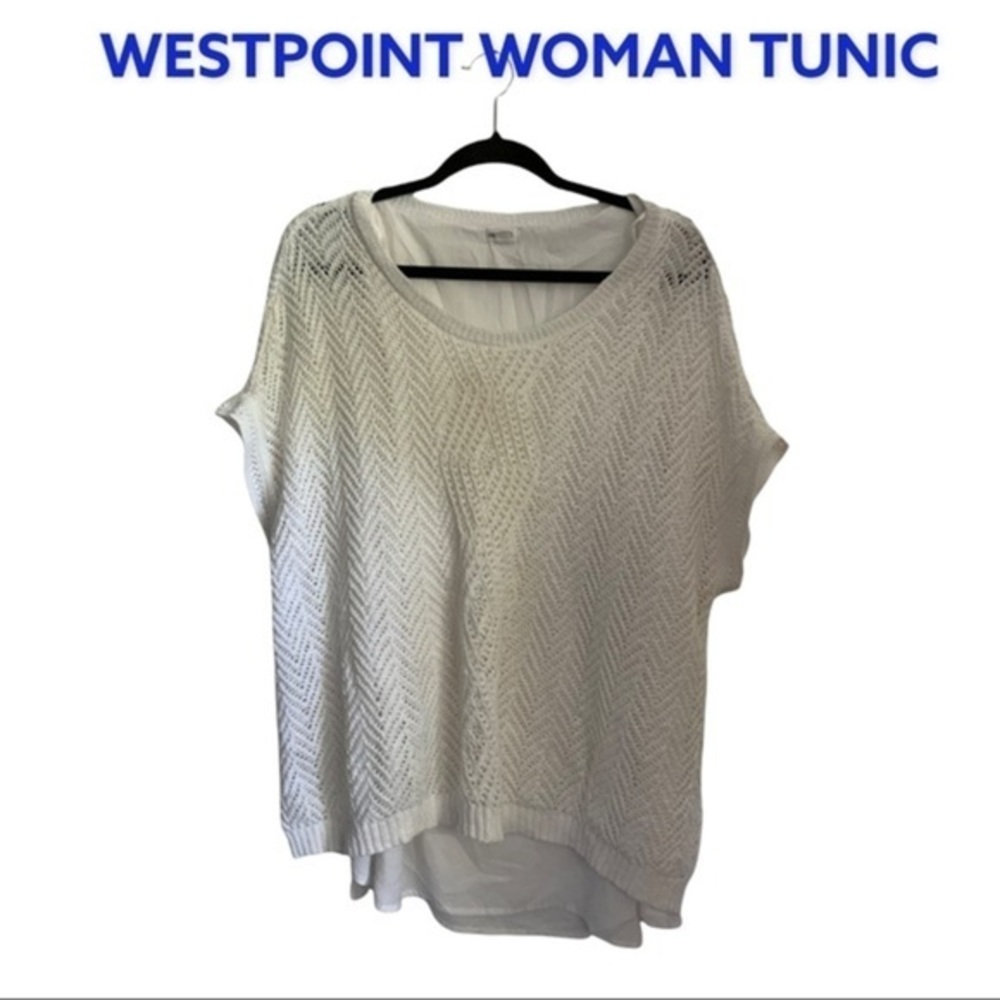 Westport Dressbarn Pointelle Knit Overlay Tunic Split Back SS White Size 2X NWOT